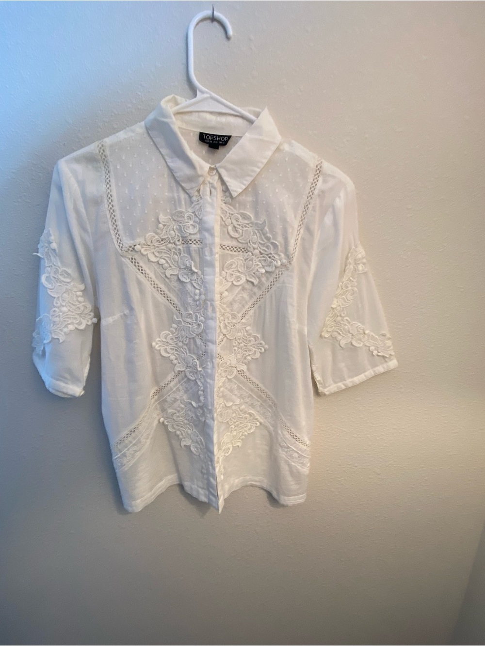 Topshop White Lace-Panel Button Front Blouse